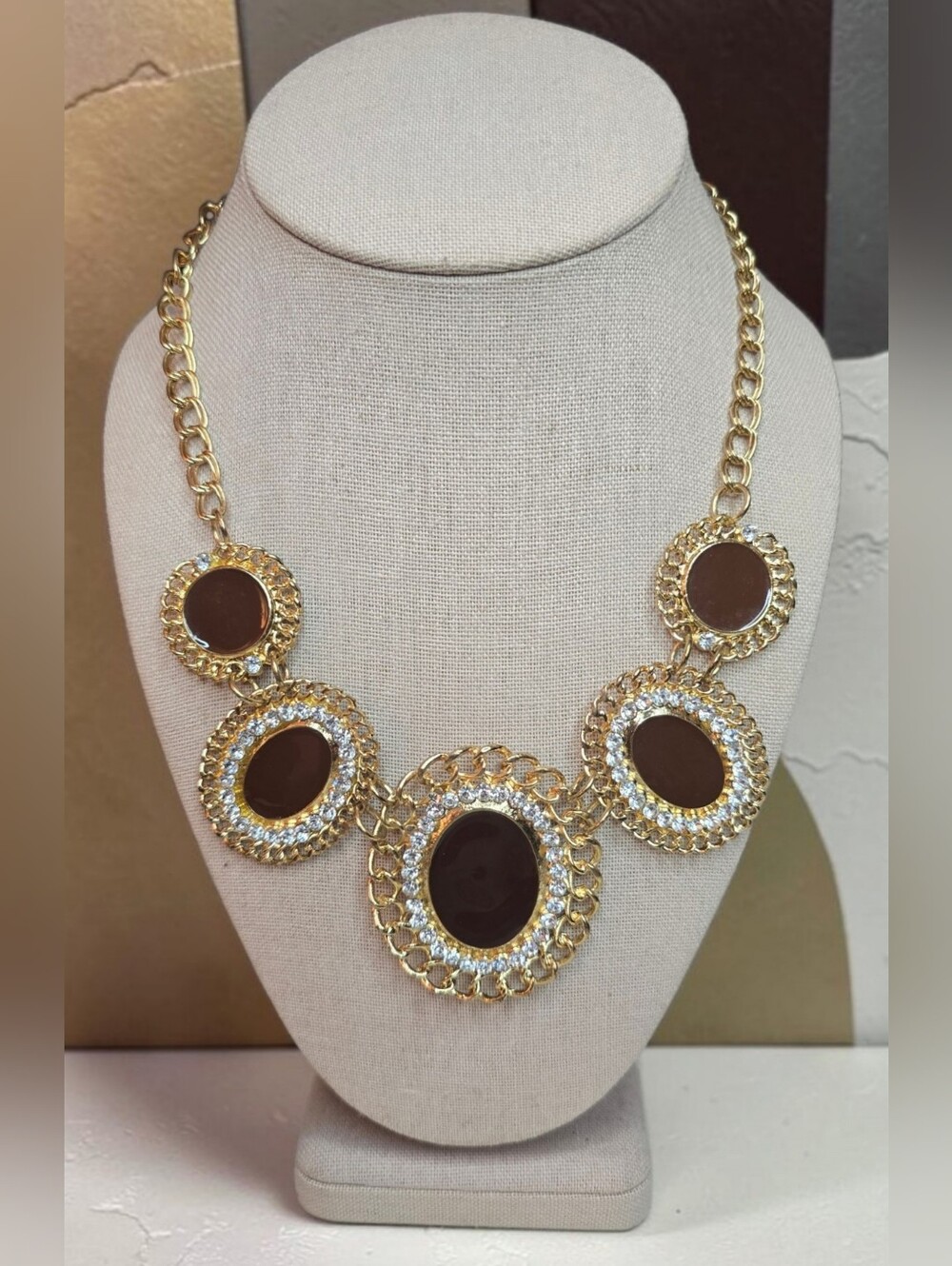 Brown Enamel And Rhinestone Gold Tone Statement Necklace